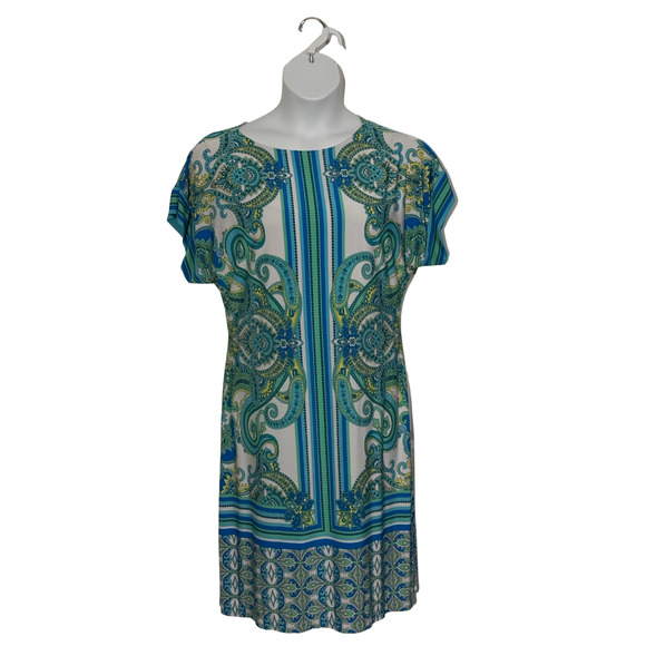 Women's size large blue multi colored fully lined dress with dolman short sleeve - Picture 1 of 4